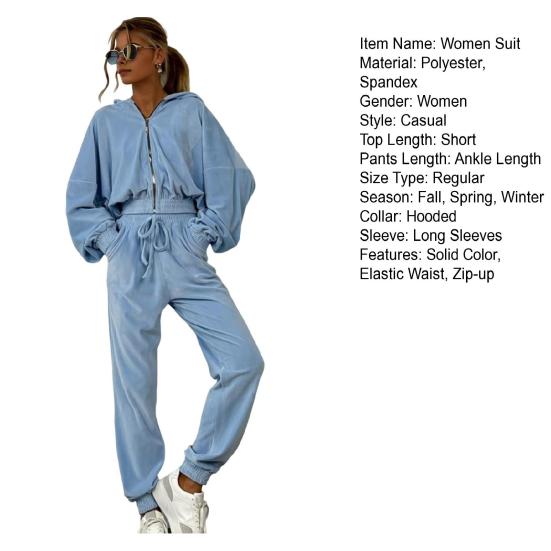 2 Pcs/Set Women Coat Pants Suit Hooded Zip-up Long Sleeve Short Top Elastic Hem And Waist Ankle-banded Pockets Trousers Winter Daily Wear Tracksuit