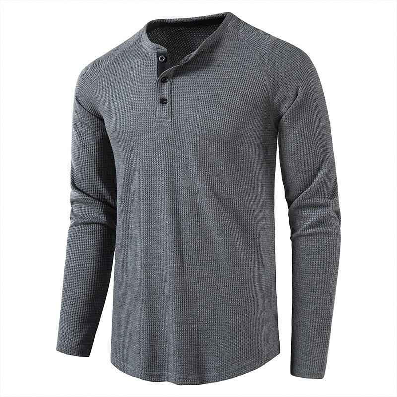 Мужская повседневная футболка-henley с вафельной вязкой, с длинным рукавом