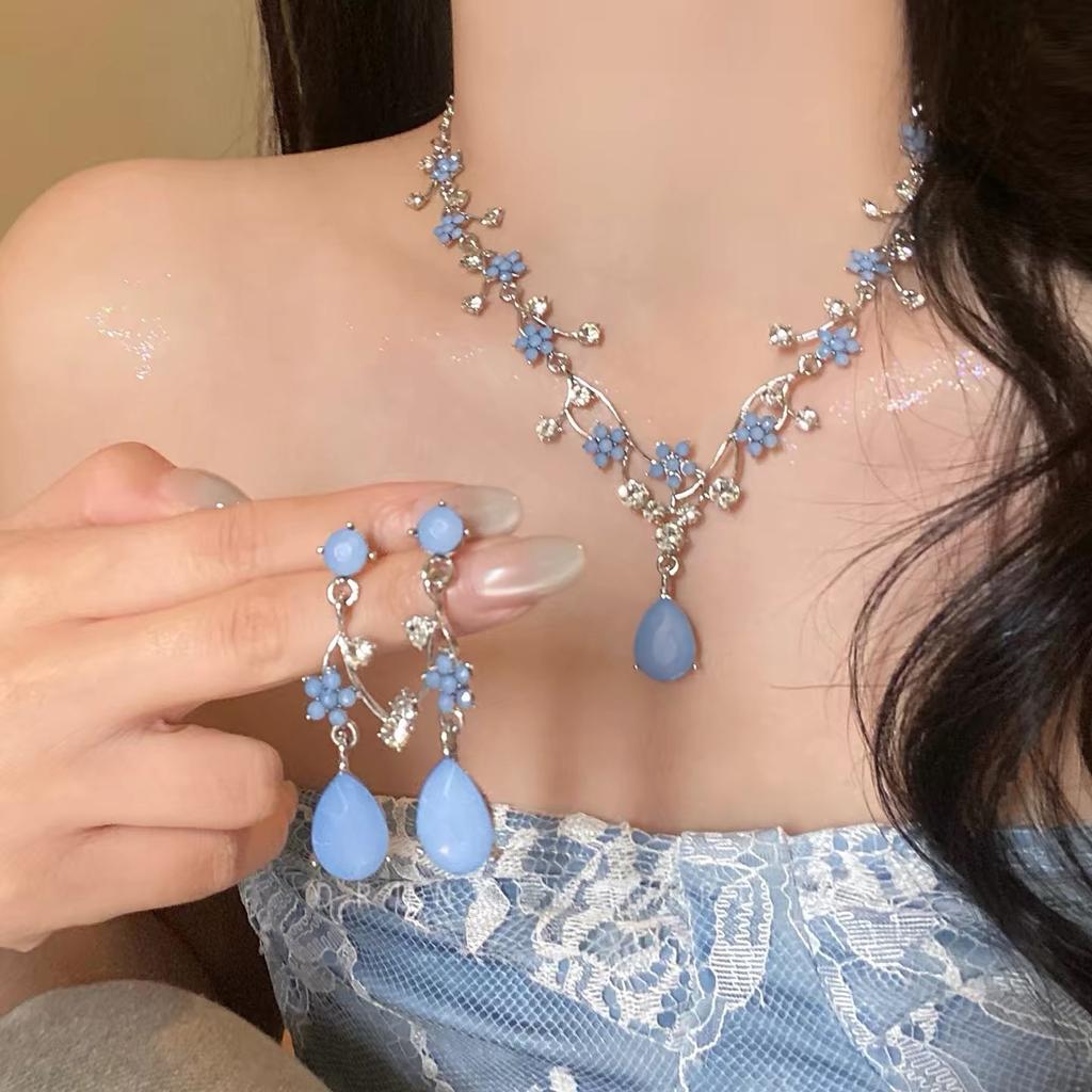Premium Court Lily of the Valley Blue Water Drop Necklace Earrings Set, Gorgeous Temperament Dress Matching Decorative Jewelry for Girls