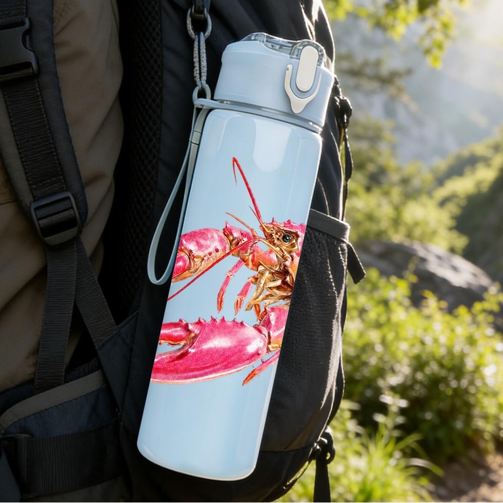 1PC Bright Red Lobster Seafood Animal Print 750ml Color Plastic Sports Water Bottle Leakproof Flip Straw Lid Suitable for Sports Office Home Use