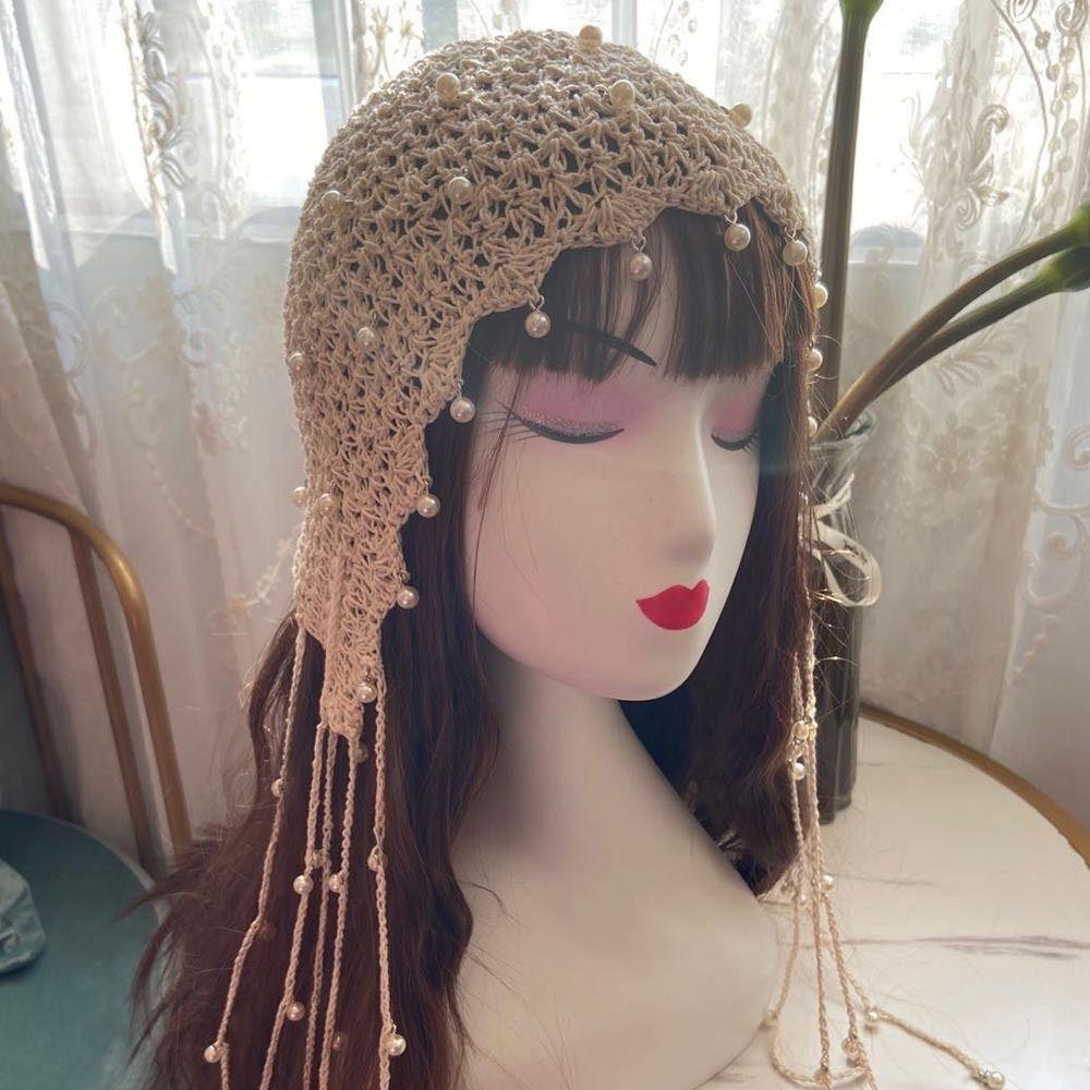 Pearl Bun Hats Ethnic Headscarf Hats Cute Tassels Hats Outdoor