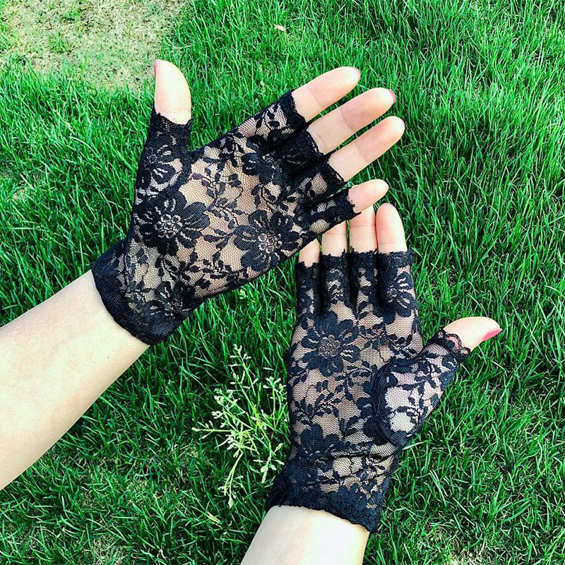 Солнцезащитные кружевные перчатки с половиной пальца, летние тонкие дышащие эластичные черные сексуальные элегантные свадебные перчатки для езды на открытом воздухе