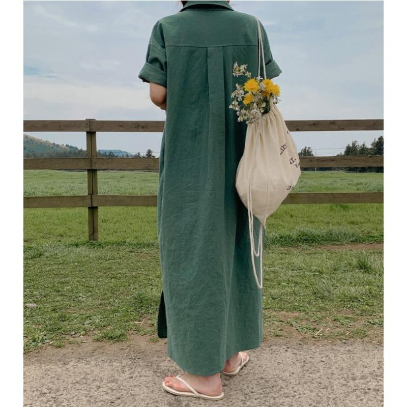 Fashion New Loose Women Shirt Dress Casual Short Sleeve Single Breasted Summer Dresses Female Lapel Solid Office Lady Elegant Long Dress 1308