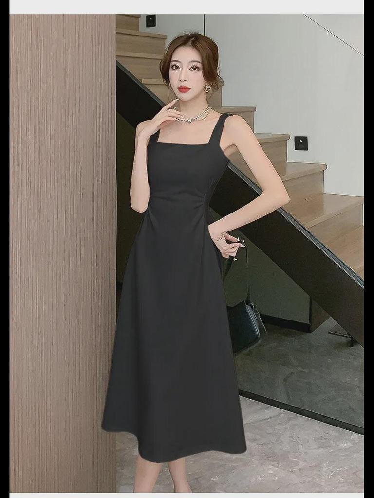 Women's Elegant Black & White French Suspender Dress - Summer/Spring Slim Fit