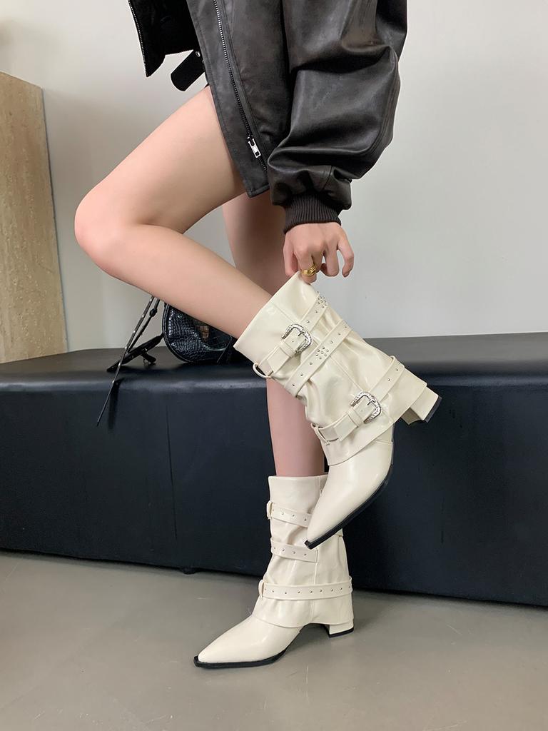 Модные женские сапоги с острым носком до середины голени, черные, коричневые, с пряжкой на ремне, на толстом высоком каблуке, женские, размер 35-39, модные туфли-лодочки