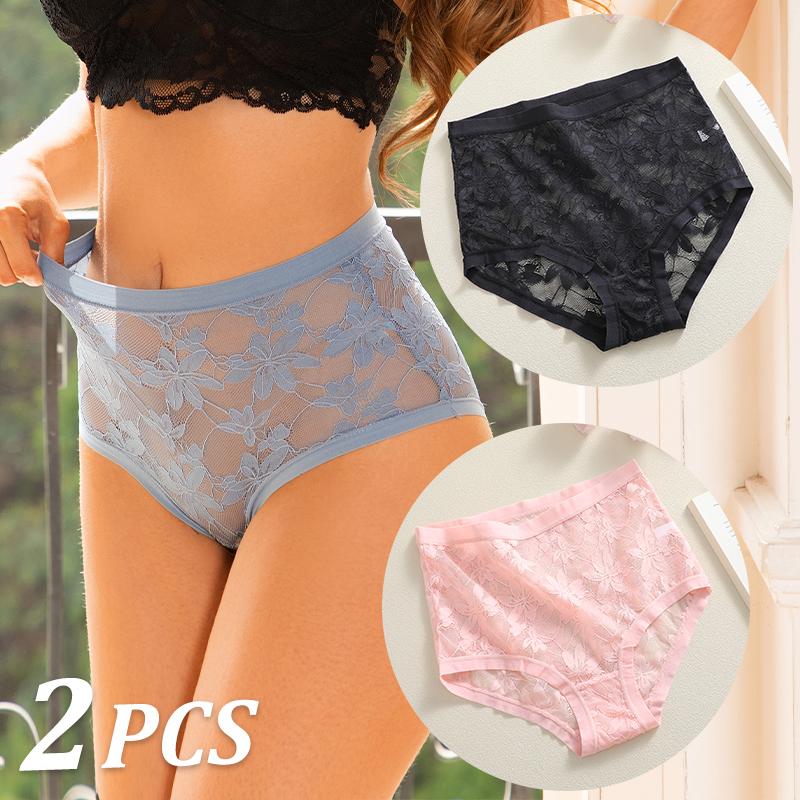 FINETOO 2Pcs Sexy Floral Lace Panties High Waist Lace Briefs Hollow Out See-Through Romantic Lingerie Fashionable Underpants Underwear
