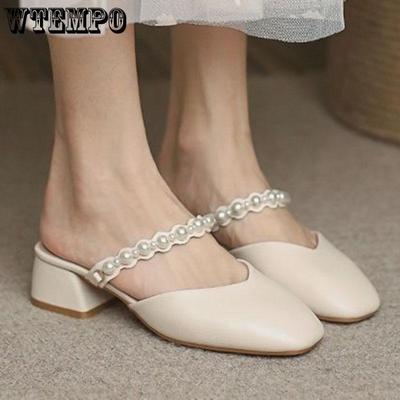 Летние сандалии с запахом, женские тапочки с квадратным носком, на среднем толстом каблуке, жемчугом, мягкая кожа, мягкая подошва, сказочный стиль, удобные, износостойкие