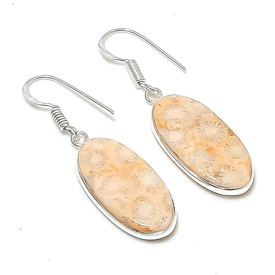 Натуральный Ископаемый Коралл Драгоценный Камень 925 Пробы Стерлингового Серебра Ювелирное Изделие Серьга 1.77" AEE-10891