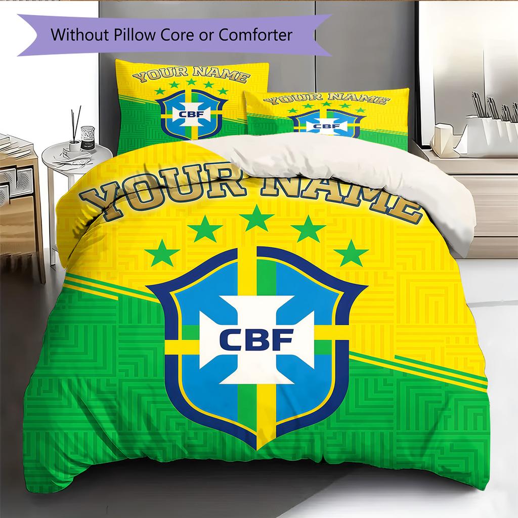 Custom Name Brazil Football Confederation Pattern Bedding Quilt Set Home Decoration Gift (1 * duvet cover + 2 * pillowcase without core)