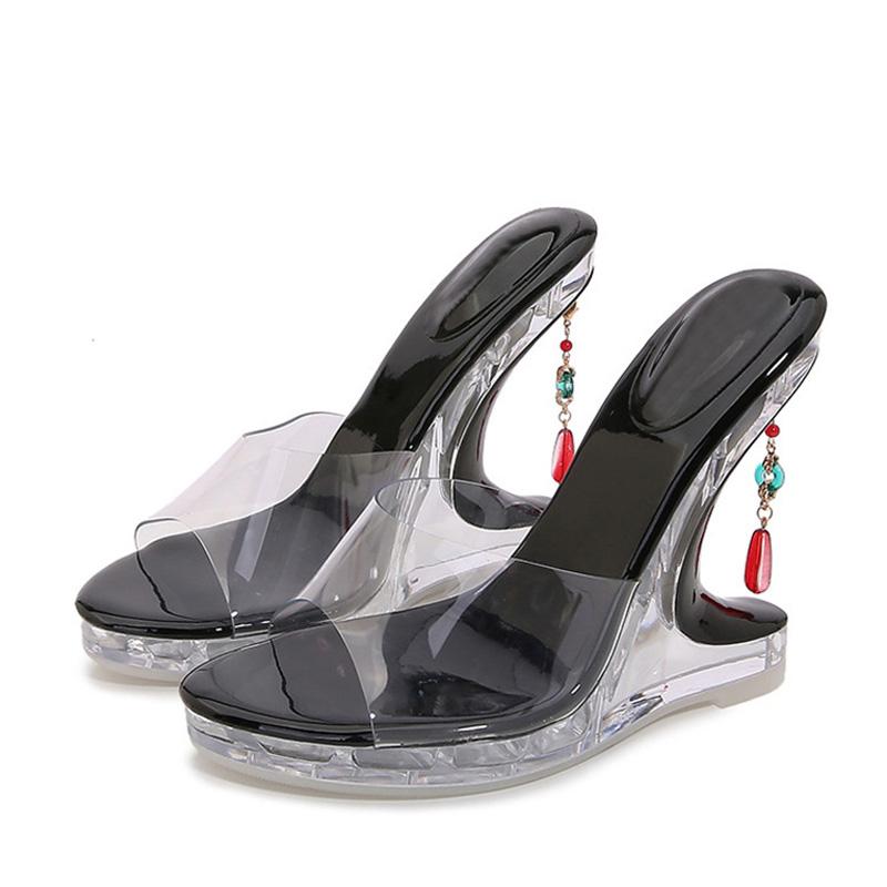 Liyke New Design Gem Pendant Strange Clear Heels Platform Wedge Slippers PVC Transparent Sandals Women Summer Party Prom Shoes