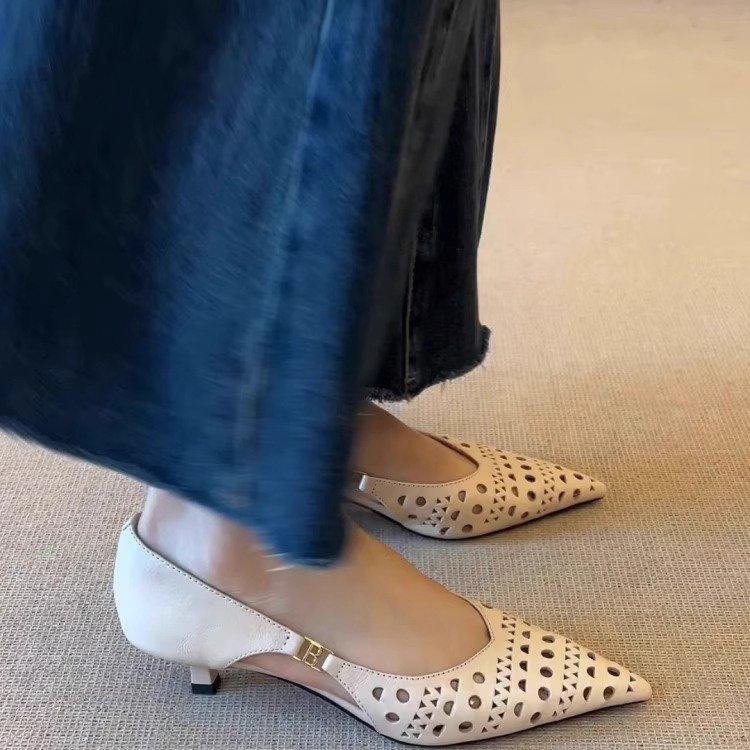 Versatile~ 4Cm Fashion Hollow Breathable Hole Hole Bag Head Sandals Women'S Thin Heel Temperament Versatile Pointed Head Shallow Mouth Single Shoes