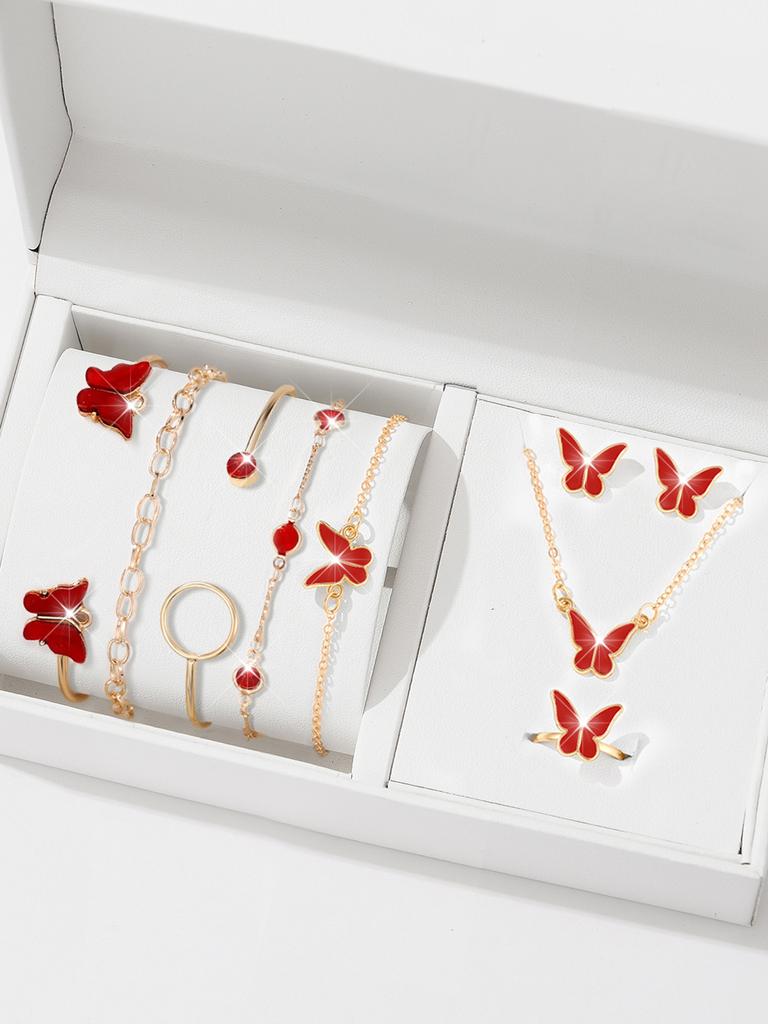 9pcs Women's Zircon Set, Luxury Ladies Fashion Casual Butterfly Bracelets, Necklace, Earrings, Ring Zircon Set, Suitable for D