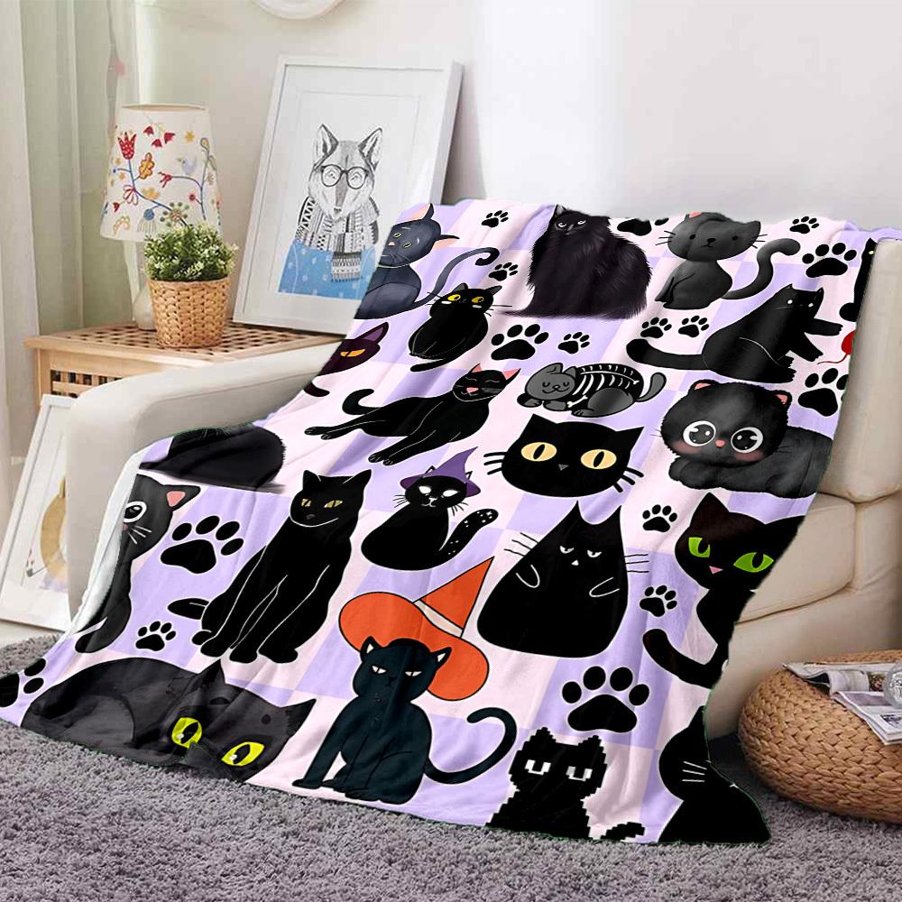1pc Black Cats Lightweight Flannel Blanket, Comfortable and Warm Blanket, for Office and Camping Sofa Bed, Livingroom140