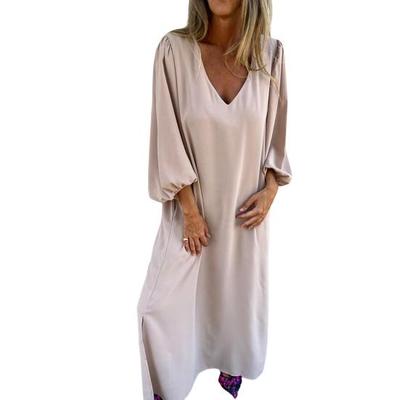 Летнее женское свободное длинное платье с v-образным вырезом и рукавами-фонариками, сплошное цветное платье макси, тонкое платье из полиэфирной ткани с разрезом для офиса, пляжной вечеринки