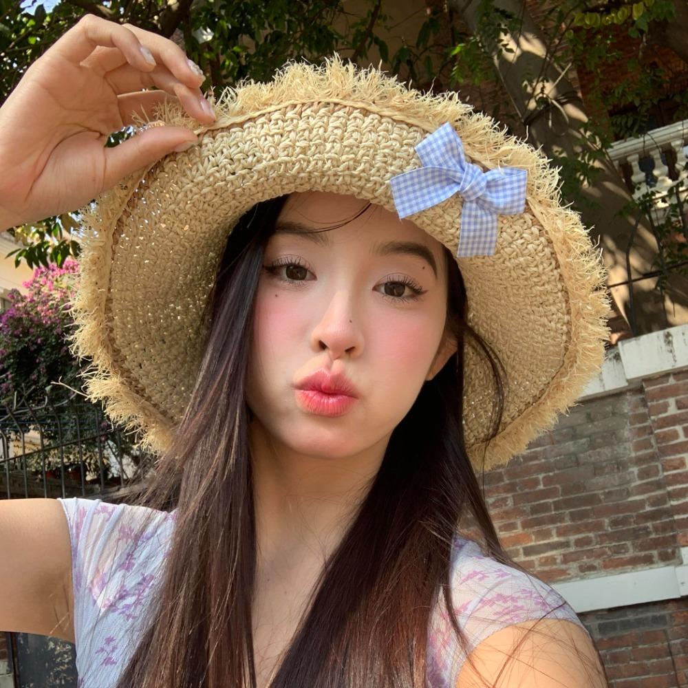 French Style Lace Bucket Hat Sweet Women's Sun Hat Sunscreen Bow Ribbon Straw Hat Girls