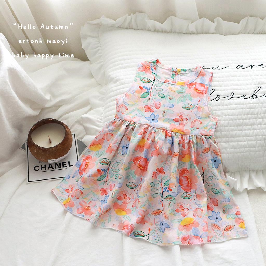 Новое летнее платье без рукавов с цветочным принтом для девочек ясельного возраста, милое дышащее свободное покрой легкое повседневное платье