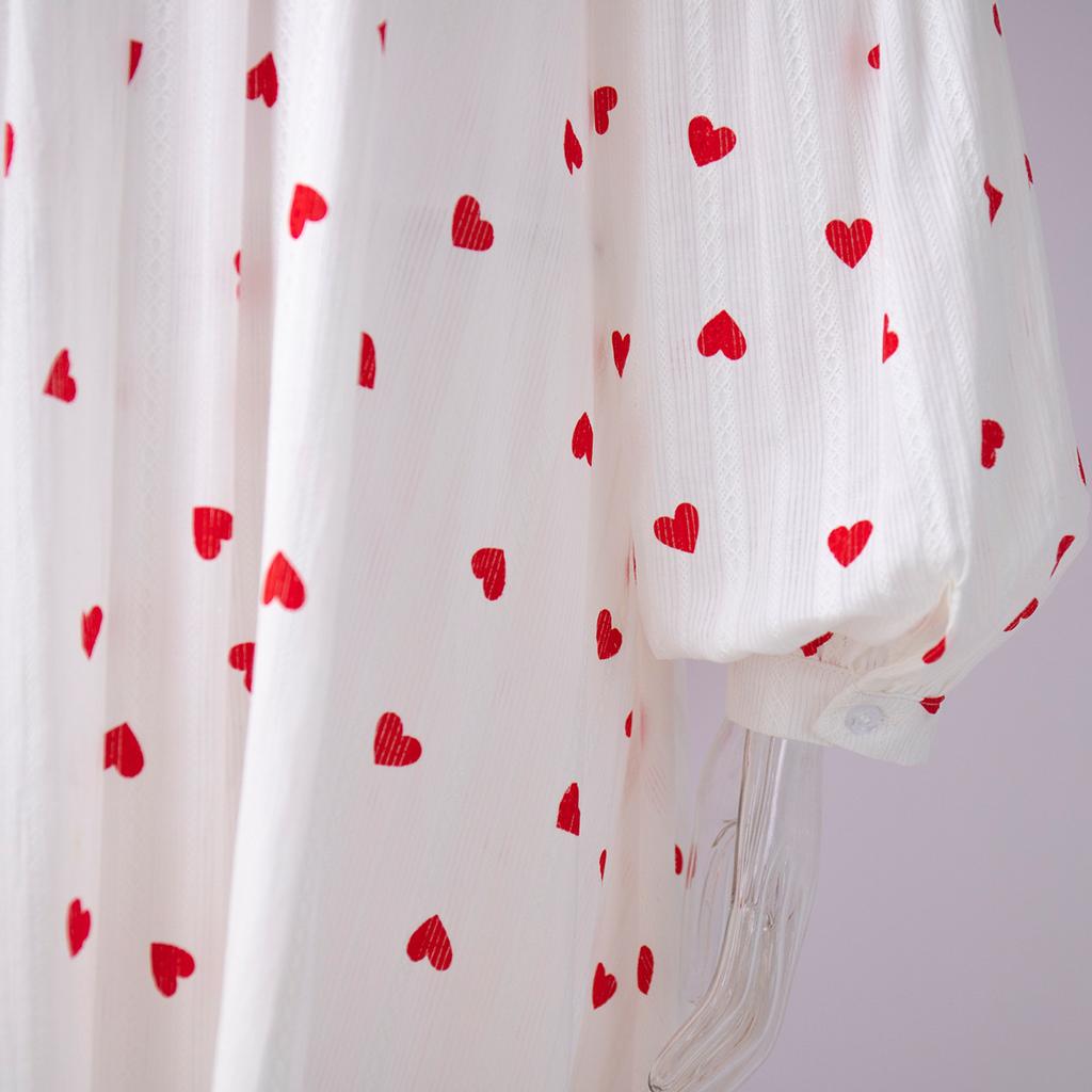 Love Print Dress Women's Spring Summer Splicing Lantern Sleeve Cotton Big Hem Dresses