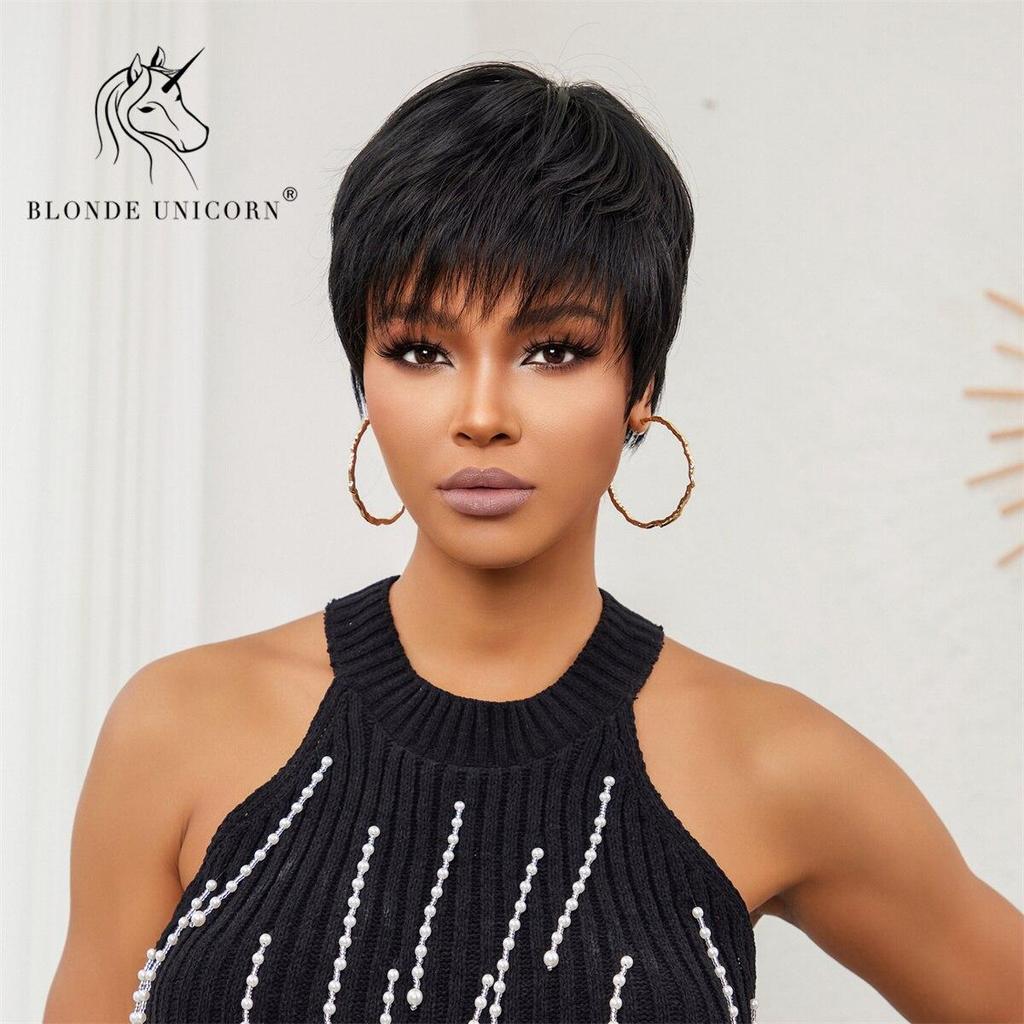 BLONDE UNICORN Парик Blcak, короткий парик боб, синтетические натуральные волосы с стрижкой пикси, парики для повседневного вечернего использования для женщин, термостойкое волокно
