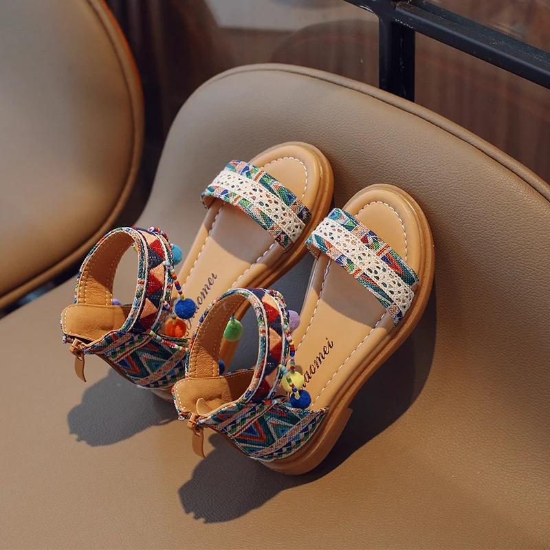 Ethnic Style Simple Children Roman Shoes 2024 New Soft Breatheable Flats Open-toe Kids Shoes Non-slip Girls Sandals GLADIATOR