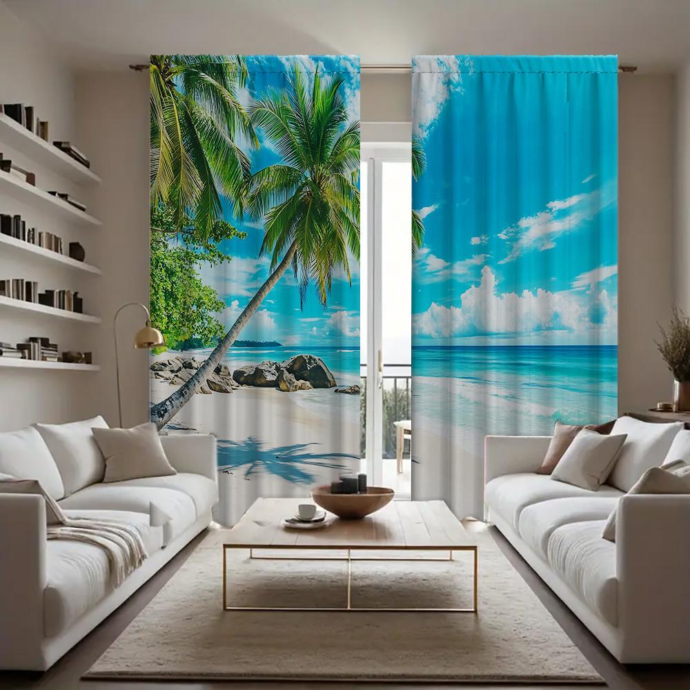 Home Coconut Tree Sea View Curtains Landscape Background Kitchen Coffee Shop Living Room Curtain For Great Made Of Polyester With Pole Pocket