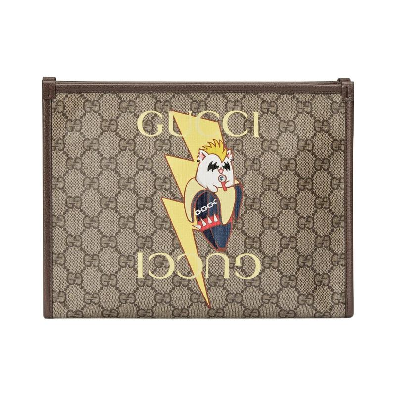 Gucci Bananya co-branded limited edition, printed brand logo, canvas leather trim, clutch, men's style, ebony color