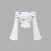 Summer Women's White Off-the-shoulder Flared Sleeve T-shirt, Cute Blue Butterfly Long-sleeved Women's Top