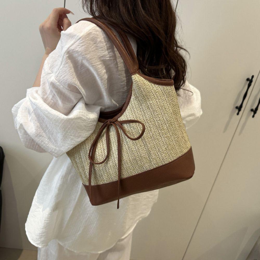 Elegant Straw Shoulder Bag Bow Tie Women's Handbag Trendy Weaving Tote Bag Lady