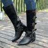 Fashion Fashion Buckle Knee High Boots for Women Winter Square Heels Western Long Boots Woman Black Pu Leather Punk Gothic Booties
