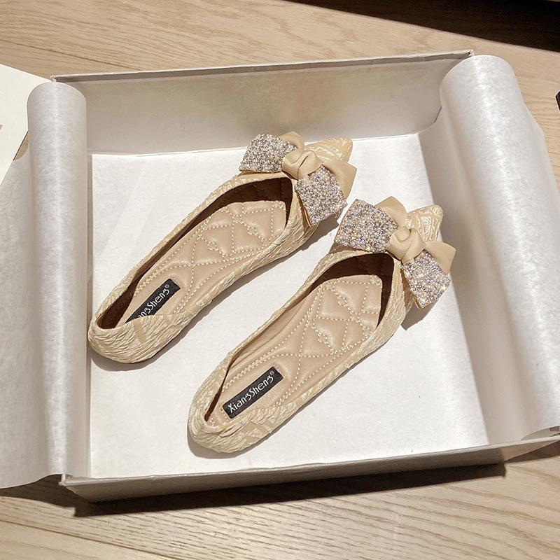 Pointed Single Shoes Women's New Shallow Mouth Rhinestone Bow Soft Sole Pregnant Women Ladyshoes Flat Beanie Shoes