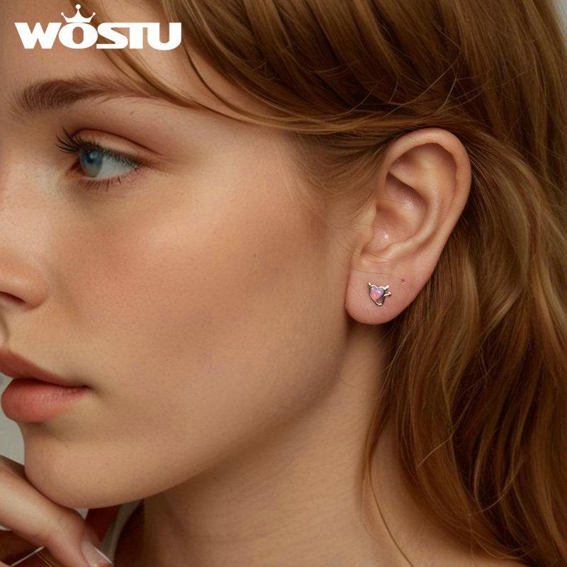 WOSTU Серьги-гвоздики из стерлингового серебра 925 пробы с опалом и бантом и дьяволом, нежные милые серьги для женщин и девочек, подарок, ювелирные украшения