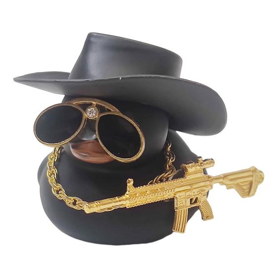 Duck Ornament Squeaky Car Dashboard Decoration Set Funny Yellow Duck Figure with Cowboy Hat Sunglasses Golden Chain Decor