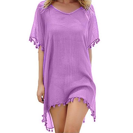 Swimsuit Cover Up Solid Color Loose See-through Tassel Bikini Dress