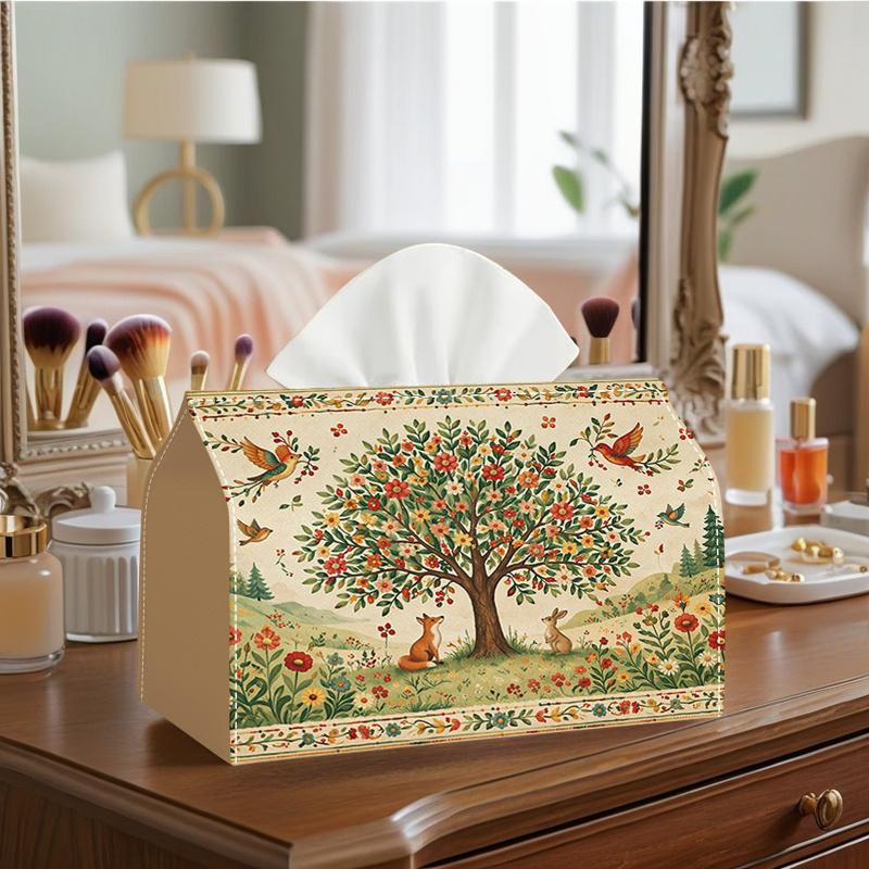 2D Flat 1pc Forest Animal And Floral Tissue Box Suitable for Home/Picnic/Spring/Party Decorations, Deer Woodland Creatures, Holder Table Centerpiece,