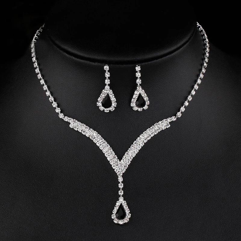 Water Drop Pendant Necklace And Earrings Set With Rhinestones For Elegant Bridal And Formal Wear