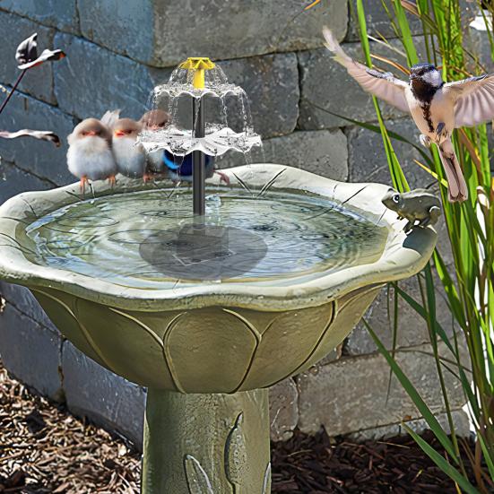 Solar Fountain Pump Glass Panel Bird Bath Water Pump with Stakes 3 Nozzles Double-Sided Filtration Water Level Detection Water Pump
