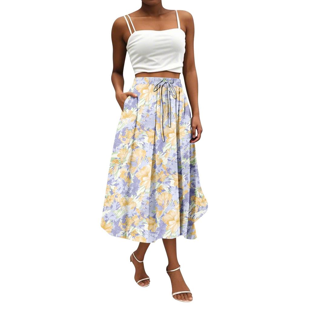 Women's Skirt Bohemian Flower Skirt Solid Color Casual Temperament With Pockets Skirt