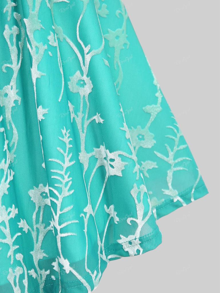 Rosegal Большие размеры, флокированная сетка с цветочным принтом, бант, пуговицы, цепочки, вставка, рюши, кружевная отделка, галстук 2 в 1, топ