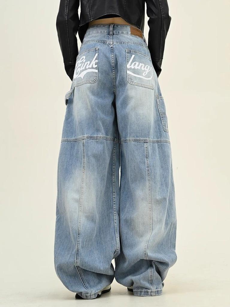 KOSY Y2K Ретро Вареные Джинсы Мешковатые с Принтом Букв Женские Американская Уличная Одежда Готика Харадзюку Брюки с Широкими Штанинами Парные Повседневные Джинсовые Брюки