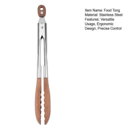Food Tong Stainless Steel Wooden Cooking Tongs Anti-Slip Ergonomic Grip Serving Tongs for BBQ Food Buffets Parties