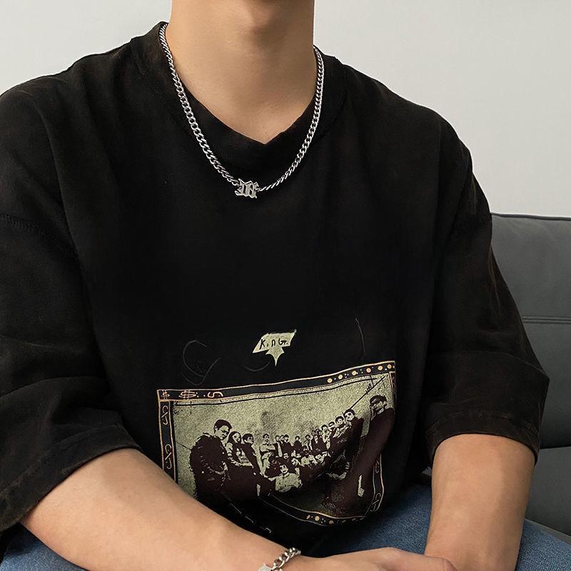 Men's Hip-Hop M Pendant Necklace: Trendy Cuban Chain In Titanium Steel, Stylish and Minimalist Design.