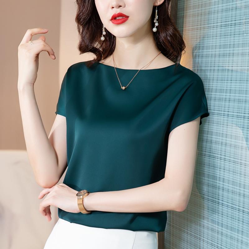 Женская атласная блузка, элитная модная шелковистая футболка с коротким рукавом, повседневные топы