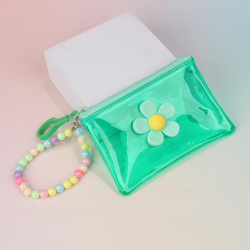 Portable Flower Bead Chain Coin Purse Pvc Zipper Small Wallet Colorful Transparent Storage Bag