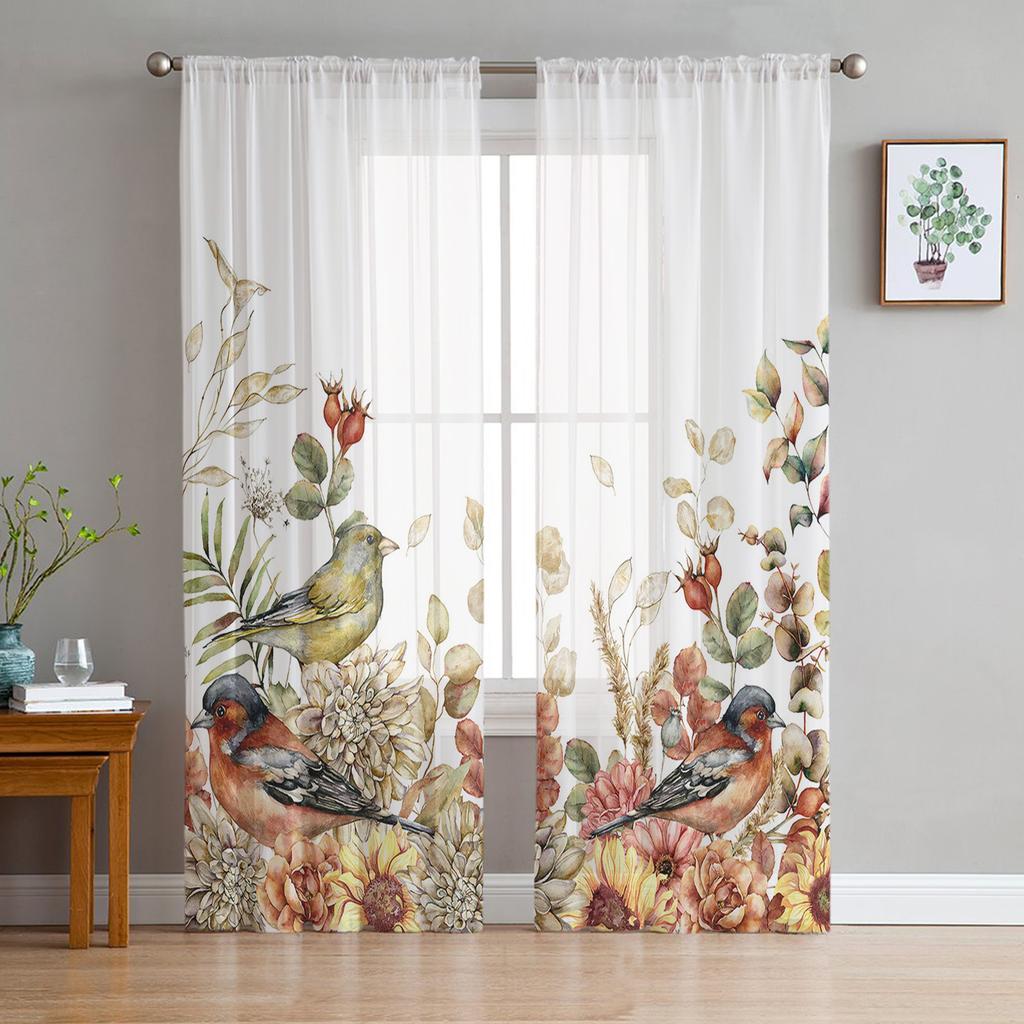 Plants Flowers Watercolor Birds Sheer Curtains for Living Room Decoration Window Curtains Kitchen Tulle Voile Organza Curtains
