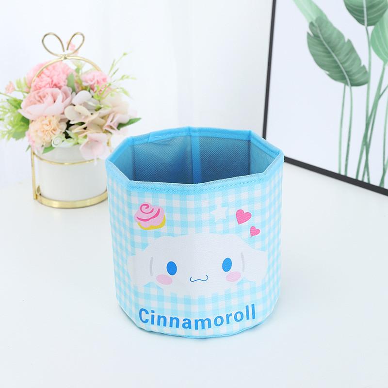 Pu Cartoon Grid Round Storage Bin With Foldable Design For Desk Organization And Office Use