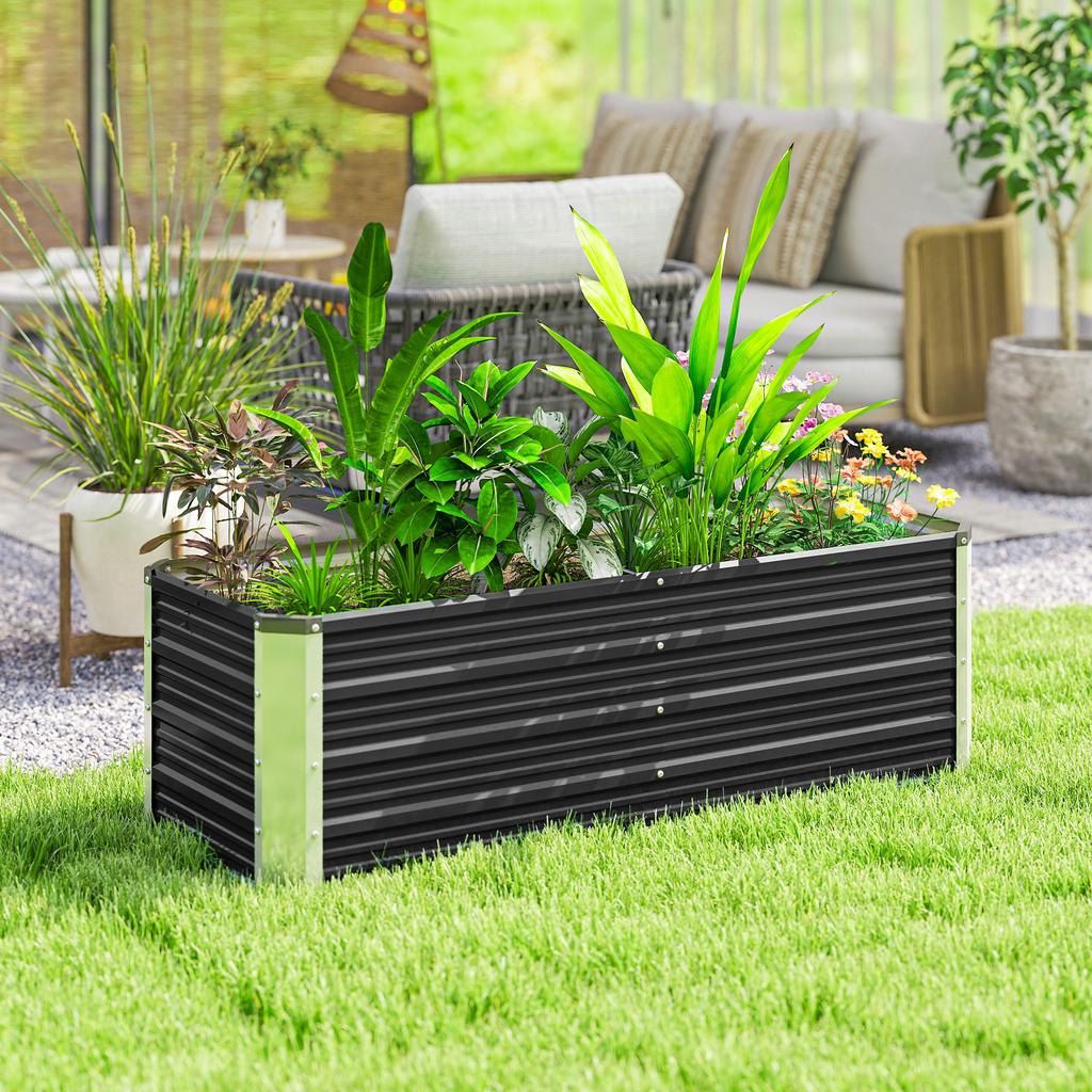 Steel raised garden bed, planter box, flower box, flower pot with gloves, charcoal gray, 125 x 47 x 44 cm
