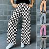 Women Pants Elastic High Waist Plaid Print Wide Leg Casual Pants Loose Fit Trousers Vacation Work Daily Wear