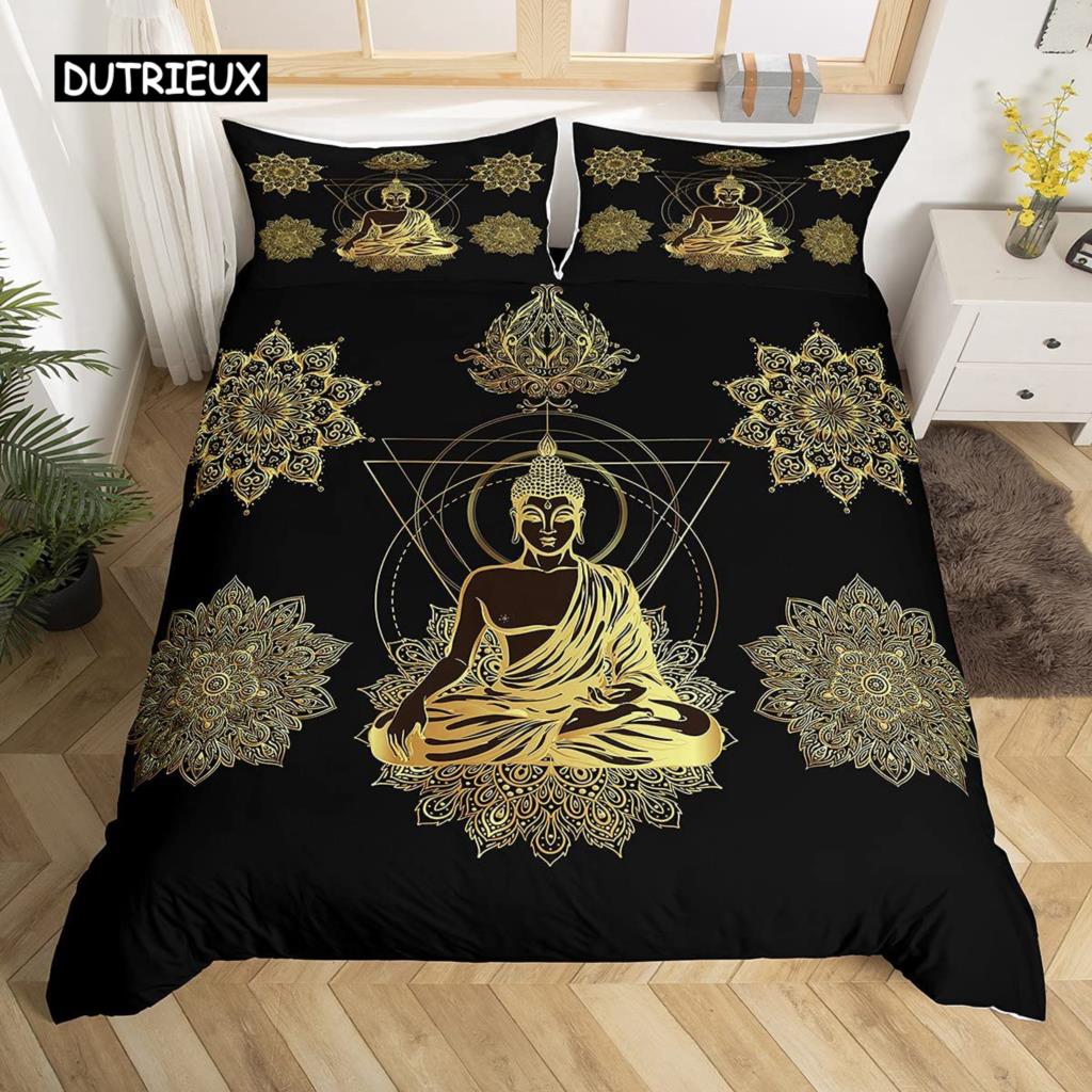 Mandala Buddha Duvet Cover Set,Bohemian Bedding Set Golden Black Lotus Flowers Print Luxury Microfiber Polyester Comforter Cover