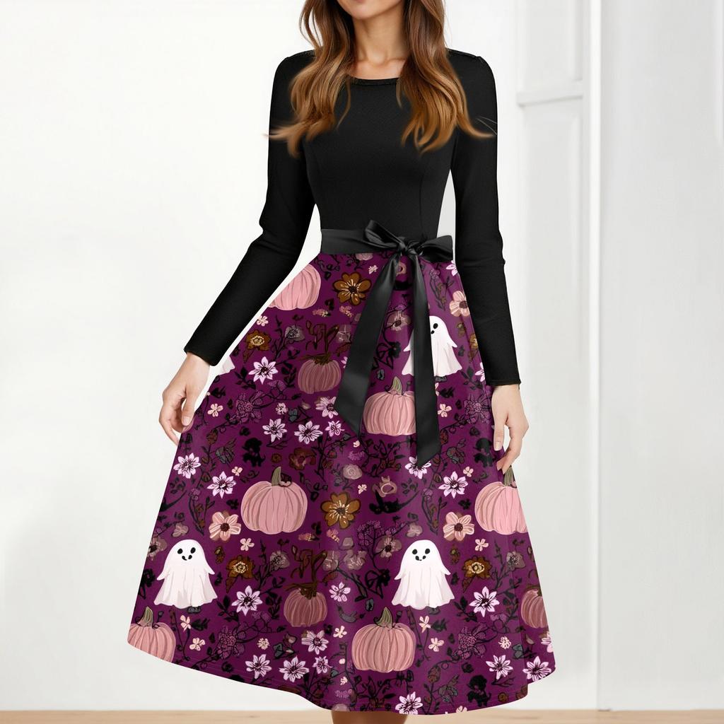 Women's Casual Fashion Halloween Printed Round Neck Vintage Dress