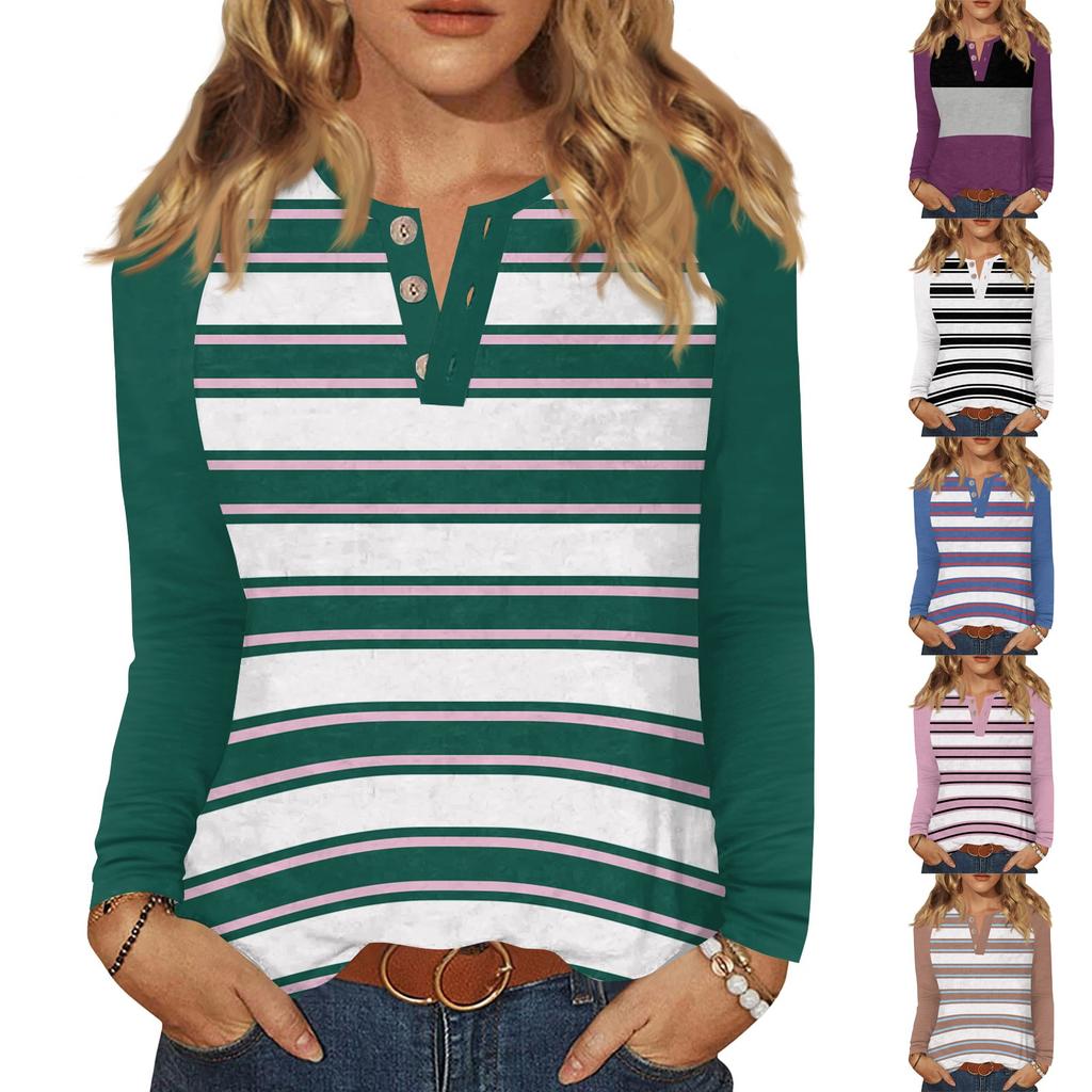 Женская футболка с принтом, на пуговицах, с длинным рукавом, повседневная, для выходных, модная, базовая, с V-образным вырезом, обычный топ