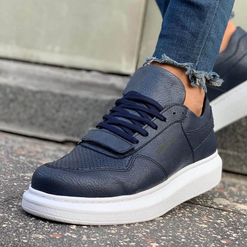 Chekich Мужская обувь. Повседневная обувь. Черный цвет. Искусственная кожа на шнуровке. Весенние и осенние сезоны. Вулканизированная лента на липучке. Белая высокая подошва. CH073.